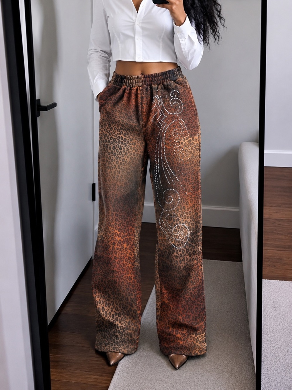 Praying Rhinestone Leopard Print Flare Pants - Brown Orange